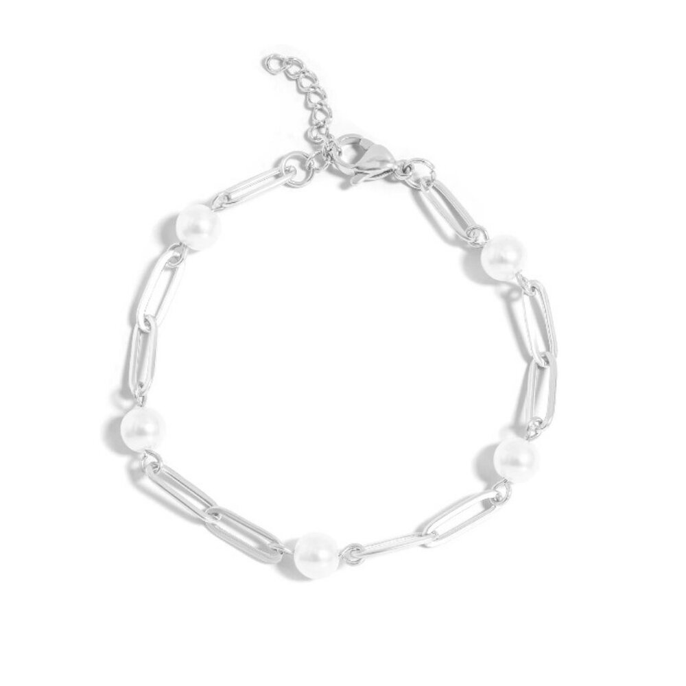 Silver Paperclip Pearl Bracelet, Hypoallergenic, Water & Tarnish-Resistant, Luxe